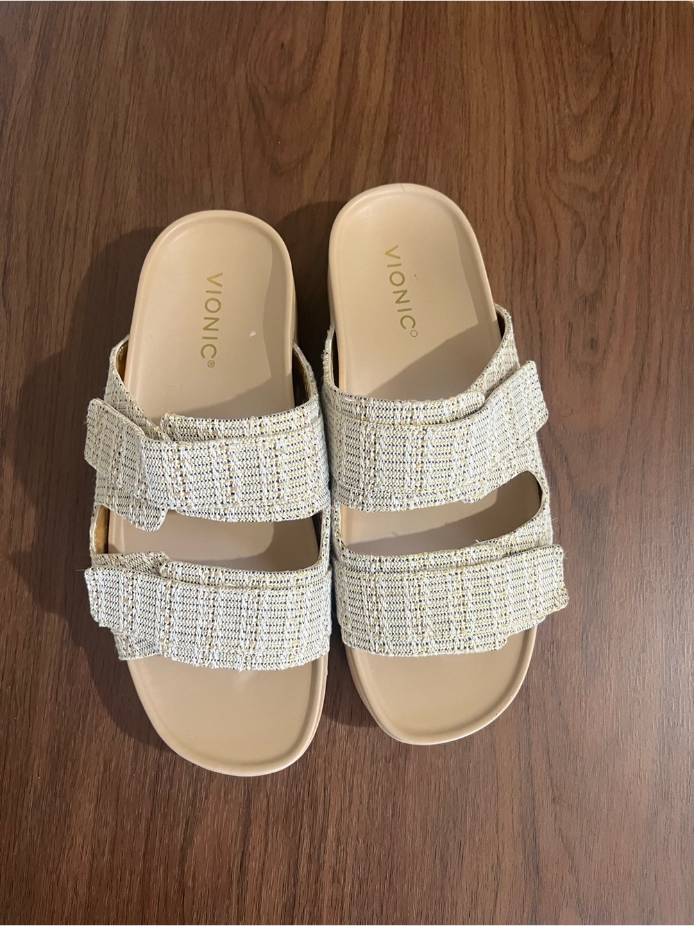 Vionic Women's Cream Textured Double-Strap Slide Sandals